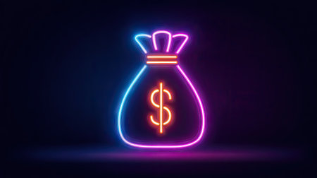 This neon-style illustration depicts a money bag with a prominent dollar sign. The artwork showcases vibrant neon colors against a dark background, creating a visually striking effect. Its design could be suitable for various commercial purposes, including financial presentations, or as a decorative element.の素材