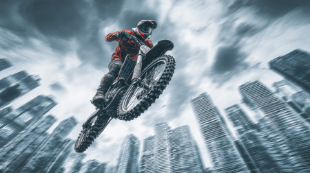 A motocross rider performs a stunt mid-air. The image shows a dynamic composition featuring a rider and motorcycle against a backdrop of blurred city buildings. The style is action-oriented with a low-angle perspective and a cloudy sky. Suitable for editorial and commercial applications.の素材
