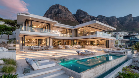 A contemporary architectural design showcases a multi-level luxury home with a swimming pool. The scene emphasizes expansive glass windows reflecting the surrounding outdoor environment. Daylight illumination highlights the structure and a mountain range in the background, suitable for diverse commercial and editorial applications.の素材