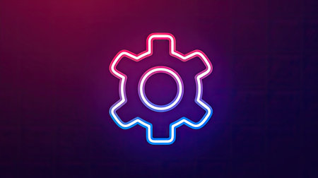 A vibrant neon-outlined gear icon is displayed against a dark background, showcasing a gradient of red and blue hues. The design features a smooth, glowing effect, creating a modern and digital aesthetic. The image conveys concepts of technology, settings, and perhaps digital infrastructure, suitable for various commercial uses.の素材