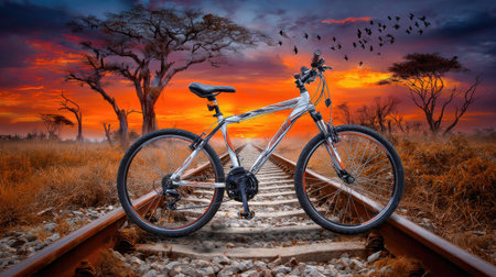 A mountain bicycle rests on railway tracks, set against a vibrant sunset sky. The scene showcases silhouette trees and a flock of birds in flight. The image features a blend of warm colors and detailed textures. Suitable for illustrating travel, adventure, or transportation-related concepts for commercial use.の素材