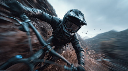 A mountain biker speeds down a steep slope, captured with motion blur. The image displays a rider in protective gear, navigating a rocky environment. The color palette features cool tones, suggesting an outdoor setting under overcast skies. This image is suitable for various commercial uses, including adventure sports publications.の素材