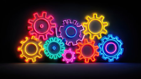 A collection of colorful neon gears is displayed against a dark background. The glowing elements create a vibrant composition. This digital illustration showcases a modern style, potentially suitable for various technology or business-related applications. The image offers copy space for commercial use.の素材