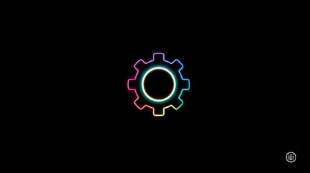 A vibrant neon-colored gear icon is centrally displayed against a solid black backdrop. The glowing illustration exhibits a spectrum of colors, enhancing its visual appeal. The image's simplicity and modern style make it ideal for use in digital design, presentations, and various commercial projects. The graphic suggests themes of innovation.の素材