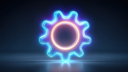 A glowing neon gear icon is depicted against a dark backdrop. The gear features a bright blue outline with a softer orange interior circle. The lighting suggests an artificial indoor environment. This image could be used for illustrating technology, innovation or data processing themes.の素材