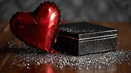 A heart-shaped red balloon rests beside a black box, presented on a wooden surface. Fine glitter is scattered across the wood, enhancing the interplay of light and shadow. The composition suggests an intimate setting, lending itself to various uses within visual communications or commercial designs.の素材