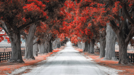 A long road is lined with symmetrical trees, their vibrant red leaves filling the frame. The image displays a symmetrical composition with an open pathway inviting the viewer. The sunlight illuminates the scene, enhancing the autumn colors. Suitable for various editorial and commercial projects.の素材