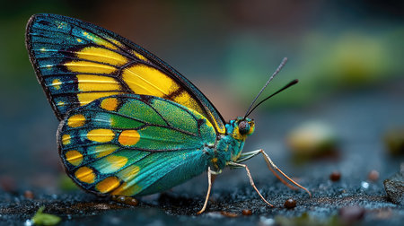 A striking butterfly showcases colorful wing patterns including blue, yellow, and green. The macro perspective highlights texture and intricate details. The soft focus background suggests an outdoor setting with diffused lighting. Suitable for artistic projects and visual content requiring natural elements.の素材