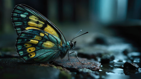 A close-up captures a butterfly with intricate wing patterns in shades of yellow and turquoise. The image showcases textures, with the butterfly perched on a rough surface with hints of moisture. The soft lighting suggests an outdoor environment, suitable for various editorial and commercial applications.の素材