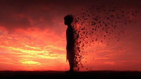 A silhouette of a person stands against a fiery red sunset. The figure appears to be disintegrating, with parts of their form breaking away. The composition features dramatic lighting and a bold color palette. Suitable for illustrating concepts related to loss, change, or transition. Offers potential for use in various creative projects.の素材