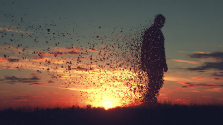 A silhouette of a figure is seen dissolving into numerous particles. The image showcases a vibrant sunset, with warm colors like orange and yellow dominating the sky. The composition features a natural outdoor setting, possibly representing themes of change or loss, ideal for conceptual projects.の素材