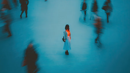 A woman stands in the center of a bustling environment, surrounded by blurred figures. The image showcases a muted, monochromatic color palette primarily in shades of blue. The composition, viewed from above, utilizes soft lighting and long exposure, suggesting a public space. This photograph is appropriate for various commercial and editorial applications.の素材