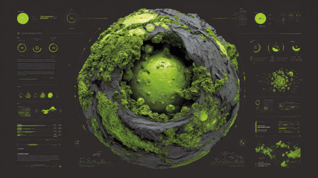 An artistic illustration presents a globe-like structure surrounded by stylized organic forms and dark bands. The composition is illuminated by overhead lighting, emphasizing textures and gradients. Various data visualization elements surround the globe, set against a dark backdrop. This imagery suits diverse applications, including business and technological themes.の素材