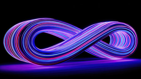 An illuminated infinity symbol is presented against a black backdrop. The artwork features flowing ribbons of color, creating a dynamic, visual display. The piece highlights a blend of neon hues. This image could be used in design projects, presentations, or various commercial applications.の素材