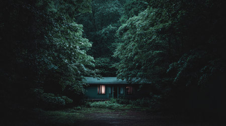 A secluded cabin is nestled within a dense forest at dusk. The scene showcases a dark color palette dominated by greens and blues, with a warm light emanating from the cabin windows. The composition features a natural framing of trees, suggesting a remote setting. The image is suitable for various commercial or editorial applications.の素材