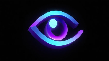 A 3D rendered eye icon, featuring a gradient of neon colors, including blue, purple, and teal, dominates against a stark black backdrop. The graphic composition utilizes volumetric lighting effects. This visual could be used in various commercial applications, such as branding, digital design, or abstract illustration.の素材