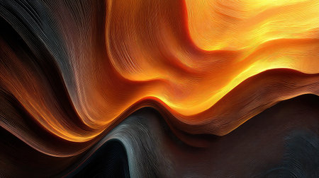 An abstract composition features fluid forms in shades of orange, yellow, and black. The artwork displays a dynamic, textured appearance with a sense of motion. The lighting creates highlights and shadows, enhancing the depth. This image is suitable for a wide range of uses, including design and editorial applications.の素材