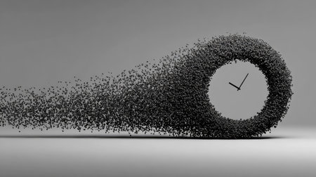 A close-up captures a clock face morphing into numerous dark particles, set against a monochromatic gray backdrop. The composition showcases a modern aesthetic, with a play of light highlighting the object. It could be used for illustrating concepts such as time, change, and decay in various media applications.の素材