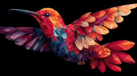 A vibrant digital illustration features a hummingbird in mid-flight with a striking array of colors. The artwork showcases geometric shapes creating a mosaic-like effect. The bird's wings are spread against a stark black background. This image is suitable for various commercial uses, including advertising and decorative purposes.の素材