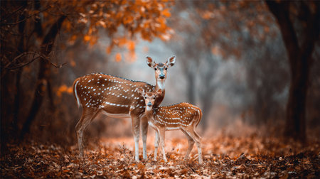 Two deer, a mother and fawn, stand within a forest setting. Warm hues of brown and orange dominate the scene with blurred background. Sunlight filters through the trees creating shadows. The image may be suitable for illustrating concepts of nature, wildlife, or environmental conservation in various editorial or commercial projects.の素材