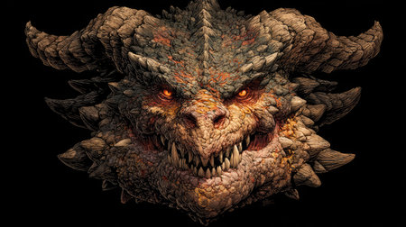 A detailed illustration showcases a dragon's head, featuring textured scales, sharp teeth, and imposing horns. The artwork displays warm hues, with intense orange eyes against a dark backdrop. The composition is head-on, focusing on the dragon's fierce expression. This image is suitable for fantasy themes, gaming content, and visual storytelling.の素材