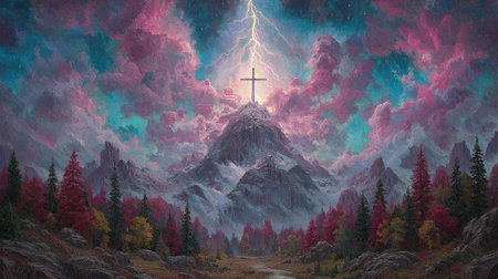 An artistic depiction presents a mountain with a cross silhouetted against a dramatic sky. The scene features vibrant pink and blue clouds, textured hills, and a backdrop of forested areas. The image's lighting and composition suggest editorial or creative use possibilities in religious or spiritual contexts.の素材