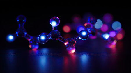 An image showcases a molecular structure composed of connected spheres, rendered with a translucent appearance. The spheres emit a vibrant array of blue, purple, and red light against a black background. The composition features a shallow depth of field, emphasizing the foreground. This visual could be utilized for scientific publications, educational materials, or promotional content.の素材