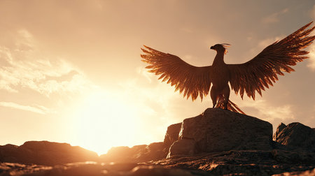 A phoenix with outstretched wings is perched atop a rock formation, set against a warm sunset sky. The artwork showcases rich, warm hues of orange and gold. The composition is balanced with soft lighting, hinting at a natural outdoor environment. Suitable for artistic prints, illustrations, and conceptual designs.の素材