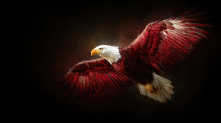 An eagle with striking red and white plumage is captured mid-flight, showcased against a deep black background. The image highlights the bird's detailed feathers and sharp features. This artistic portrayal, with its dramatic lighting and composition, could be suited for a variety of editorial or commercial purposes.の素材
