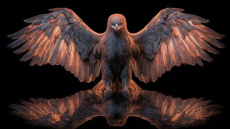 An eagle with spread wings is the central focus, highlighted against a black backdrop. The image features a symmetrical reflection below the bird. Warm, golden light illuminates the feathers creating texture and dimension. Suitable for various creative and promotional applications.の素材
