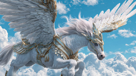 A mythical white pegasus with outstretched wings soars against a backdrop of fluffy clouds and a bright blue sky. The creature exhibits detailed textures, showcasing a blend of gold and white hues. The image suggests a fantasy or illustrative theme, suitable for various creative or editorial projects.の素材