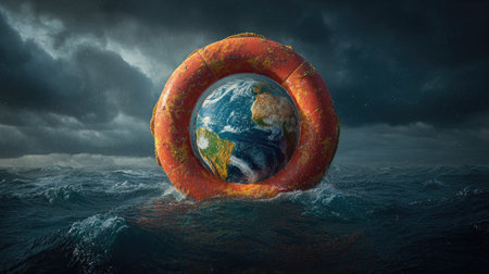An illustration depicts the Earth encircled by a life preserver in a vast ocean. The globe shows landmasses and swirling clouds, suggesting a turbulent environment. The life preserver provides a sense of protection. This image is suitable for environmental, conservation, and global issue themes, offering potential for various commercial projects.の素材