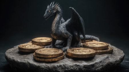 A dark, stylized dragon statue sits on a circular stone base surrounded by golden coins. The lighting is dramatic, highlighting the textures of the dragon's scales and the coins' surfaces against a dark backdrop. Suitable for use in fantasy-themed commercial projects, game assets, or illustrative designs.の素材