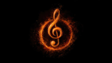 An illuminated treble clef graphic is centrally positioned against a solid black background. The note glows with orange and yellow flames, encircled by a similar fiery halo. The composition utilizes vibrant colors and a clean design, ideal for artistic illustrations or conceptual projects. This image could be suitable for various commercial or editorial applications.の素材