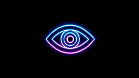 An eye symbol is depicted with glowing neon lines in shades of blue and pink set against a stark black backdrop. The minimalist design emphasizes the shape and offers a vibrant visual. This image is suitable for use in design, marketing, or promotional material with a modern aesthetic, representing concepts of vision.の素材