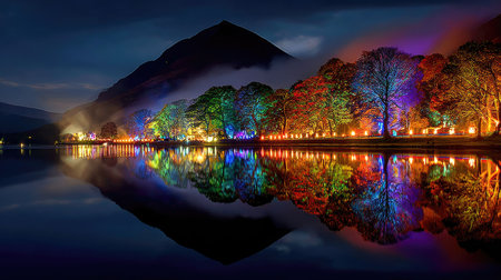 This image showcases a nighttime scene featuring a row of illuminated trees reflected in calm water. The trees display vibrant colors from overhead lights, creating a dramatic contrast with the dark surroundings and the silhouette of a mountain. The lighting suggests a festive mood, ideal for various commercial and editorial applications.の素材