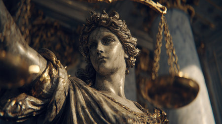 This image showcases a meticulously crafted statue of Lady Justice. The sculpture depicts a woman holding scales, rendered with detailed textures and subtle color variations. The lighting creates a dramatic effect, accentuating the figure's form. Suitable for commercial or editorial applications concerning legal themes or societal concepts.の素材