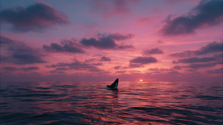 A shark fin cuts through the water under a striking sunset. The sky displays hues of pink and purple, reflected in the ocean surface. The image exhibits a serene yet powerful composition, suggestive of nature's beauty and suitable for various visual projects and applications.の素材