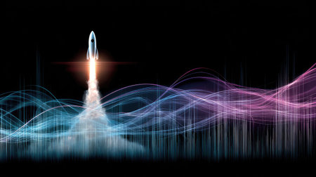 A rocket ascends against a dark backdrop, leaving vibrant trails of light. The image features dynamic, flowing lines and a soundwave-like design in shades of blue and purple. This abstract illustration creates a sense of movement and energy, suitable for commercial or editorial applications.の素材