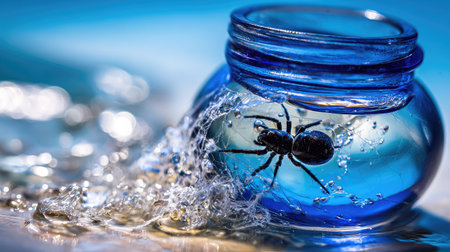 A close-up captures a black spider inside a blue glass jar, with water dramatically splashing around it. The image features a shallow depth of field, highlighting the insect and the liquid. The composition suggests an outdoor environment, possibly daytime, suitable for various editorial and commercial applications.の素材
