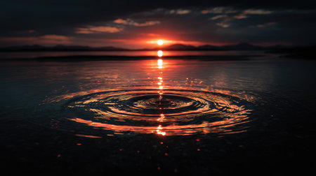The image captures a serene sunset over water, highlighting ripples and reflections. Warm colors of orange and red dominate the sky, contrasting with the dark water. The composition focuses on natural elements, suggesting a tranquil environment suitable for various commercial and editorial applications.の素材