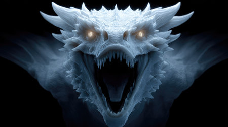 A close-up image features a stylized dragon or similar creature with an open mouth, showcasing teeth. The creature is primarily white or light blue, with textured scales or skin. Glowing yellow eyes contrast against the dark background. The lighting appears dramatic, possibly for digital art use.の素材