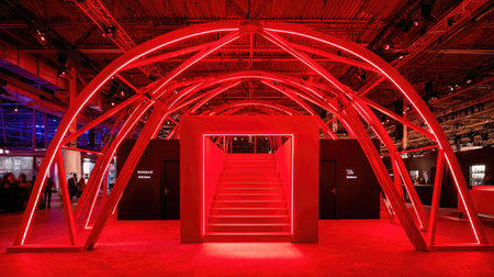 An architectural archway, constructed with a series of intersecting supports, is illuminated with red neon lights. A central staircase leads to a doorway. The scene is indoors, suggesting a convention center or exhibition hall. The composition is symmetrical, highlighting the geometrical structure. This image might be suitable for editorial and commercial use.の素材