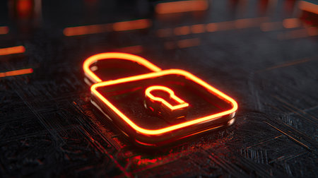 A close-up view presents a neon-lit padlock icon, radiating an orange glow against a textured, dark background. The lighting highlights the object's form. This image could be used in various commercial projects highlighting themes of data protection and cyber security, suitable for digital marketing or editorial content.の素材