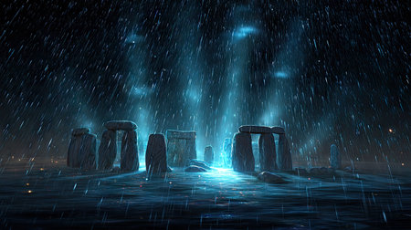 An illustration depicts a stone circle under a celestial display of bright, blue light and falling rain. The composition features a low-angle perspective, emphasizing the towering stones. The scene evokes a sense of mystery with its atmospheric lighting. Suitable for editorial and commercial applications related to history or fantasy.の素材