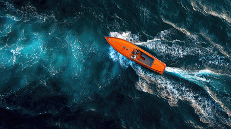 An aerial view presents an orange boat moving through dark blue water. The boat leaves white wakes as it navigates the textured surface. The image exhibits a high-angle composition and depicts outdoor conditions, suitable for commercial projects focusing on maritime subjects or adventure.の素材