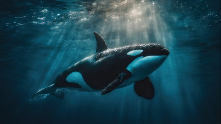 An orca, or killer whale, swims through deep blue water. Sunlight streams from the surface, creating bright rays. The image showcases the animal's black and white pattern. This underwater scene, emphasizing the ocean environment, would be suitable for various commercial or editorial applications.の素材
