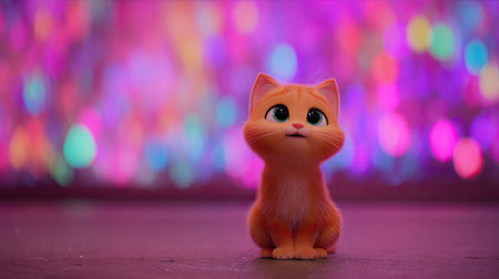 A cartoon-style orange kitten sits in a studio environment. The cat displays a surprised expression. The image features soft lighting and a blurred, colorful bokeh backdrop. Suitable for various creative and commercial applications, the image highlights the character against a plain surface.の素材