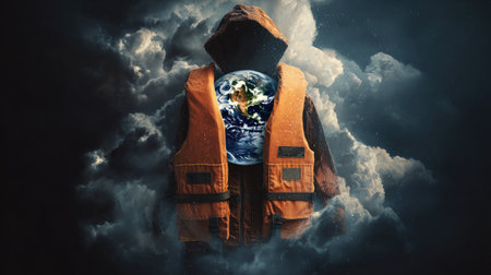 An image presents a person wearing an orange life vest, with the Earth visualized inside the chest area. The subject is set against a backdrop of dark, swirling clouds. The composition features central framing and soft lighting. This versatile imagery is suitable for various commercial uses related to environment and protection.の素材