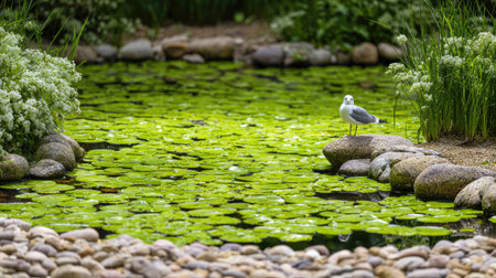 A tranquil pond scene features a seagull standing on a rock amidst vibrant green lily pads. The composition highlights the natural beauty with lush foliage framing the water. The image uses natural lighting and a balanced arrangement, potentially suitable for environmental or travel-related publications.の素材
